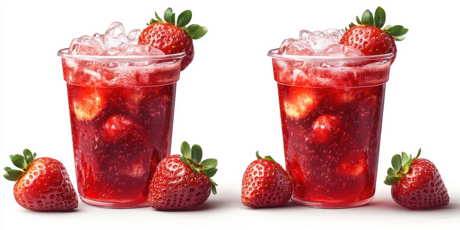 Refreshing strawberry beverages displayed with fresh strawberries on a white background for summer enjoyment
